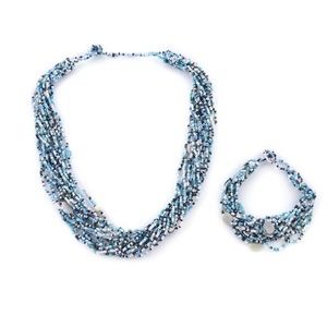 NEW Seed Bead Set Blue Muti Necklace Bracelet Adjustable